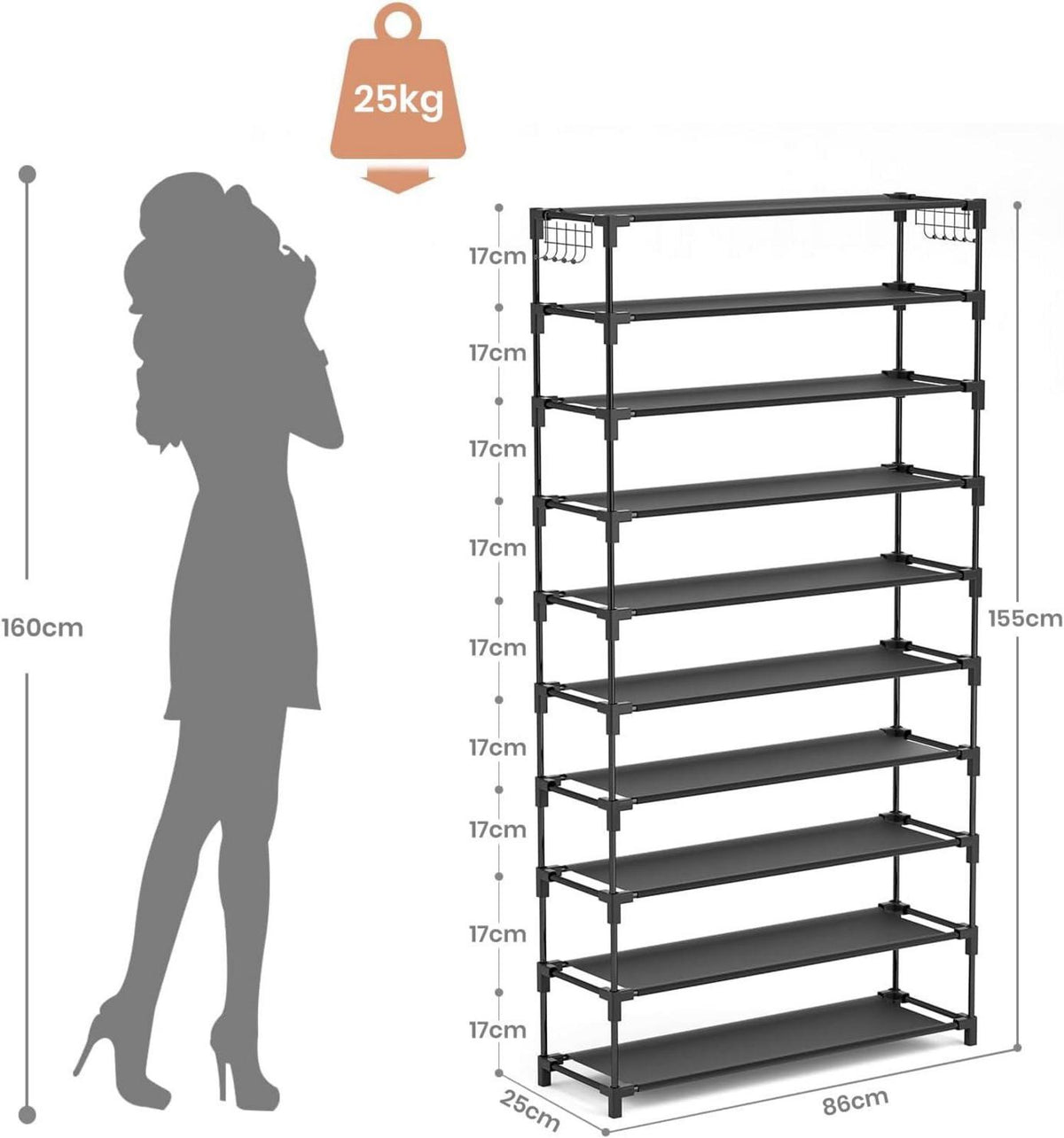 Schuhregal 10 Ebenen für 50 Paar Schuhe Schwarz Metall 155cm