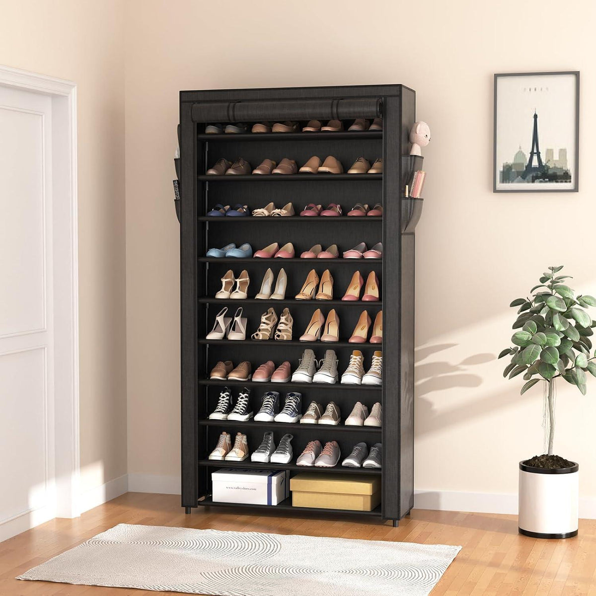 Schuhregal 10 Ebenen für 50 Paare, schwarz, staubdichte
