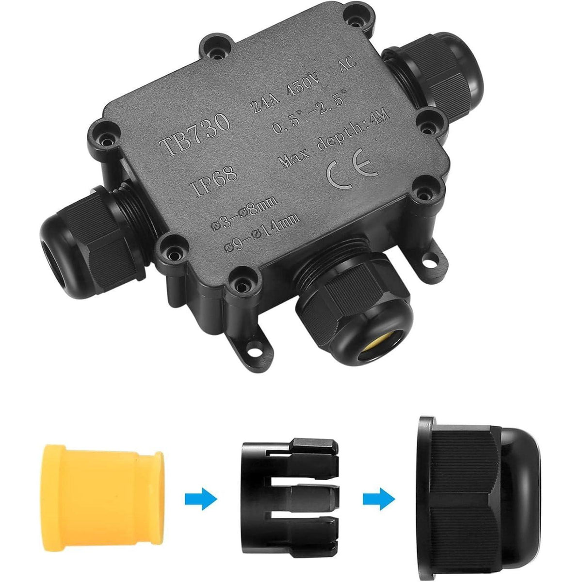 IP68 Wasserdichte Abzweigdose 3 Wege für Außenkabel 4-14mm