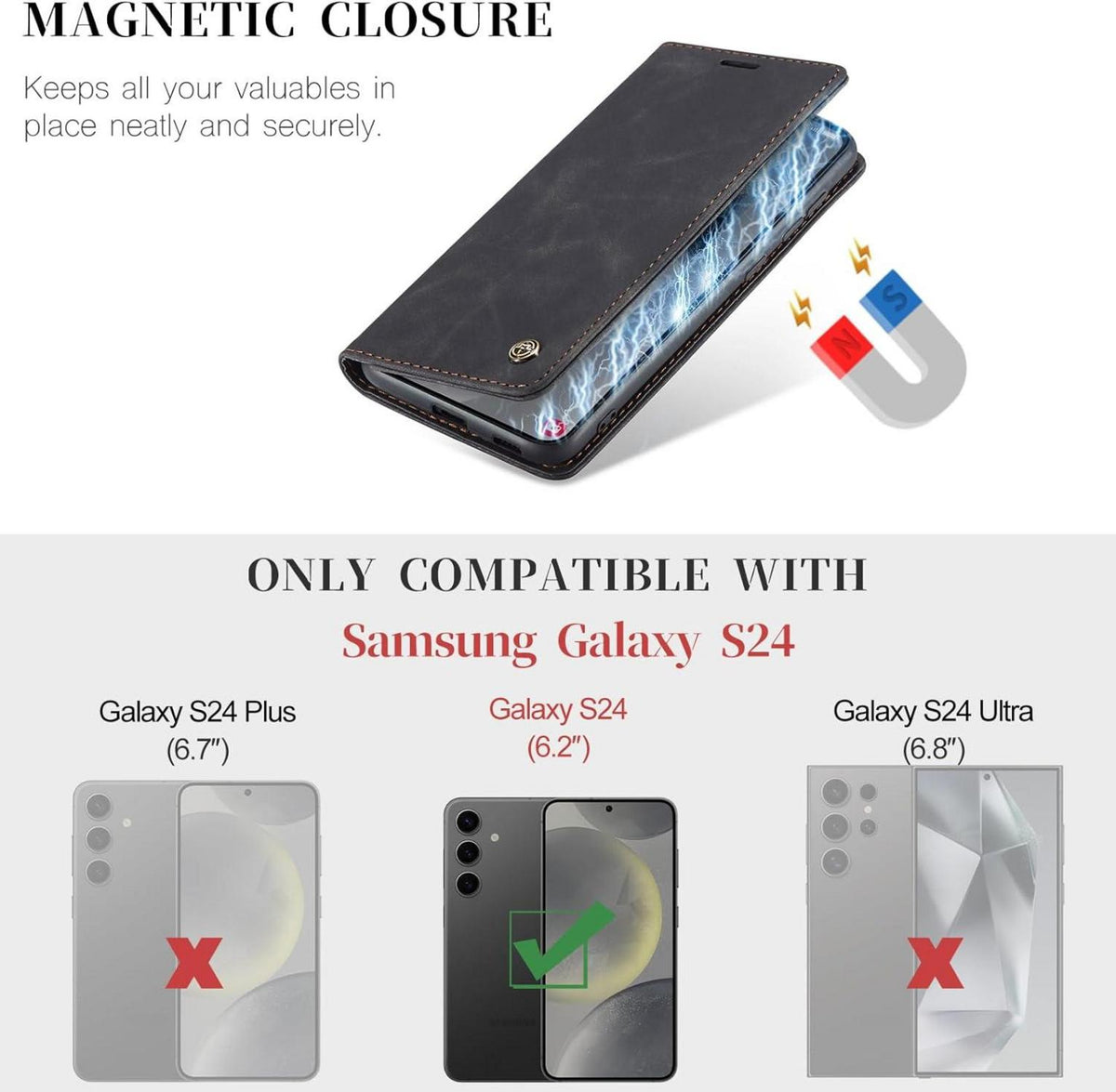 Samsung Galaxy S24 5G Flip Case Schwarz PU Lederhülle Magnet
