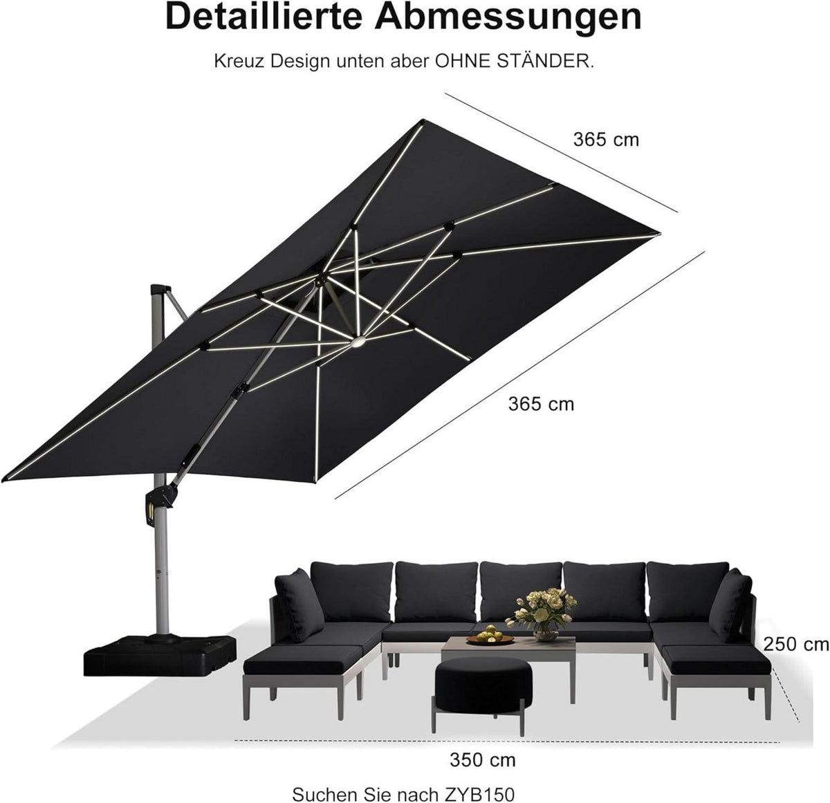Sonnenschirm LED Ampelschirm 365x365cm Quadrat Kurbel UV50+ Grey
