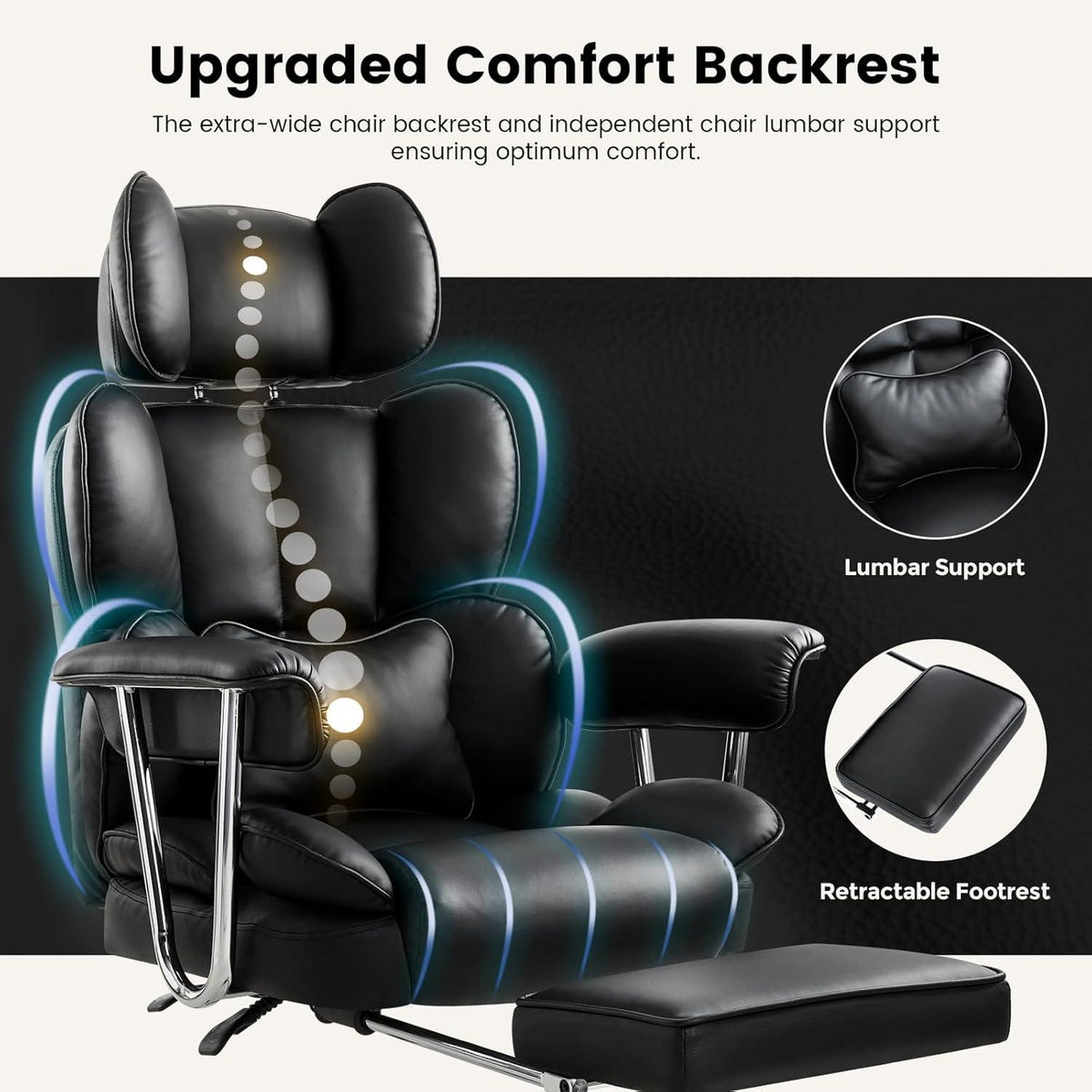 Ergonomischer Bürostuhl mit Fußstütze und Armlehnen, Schwarz, 180kg