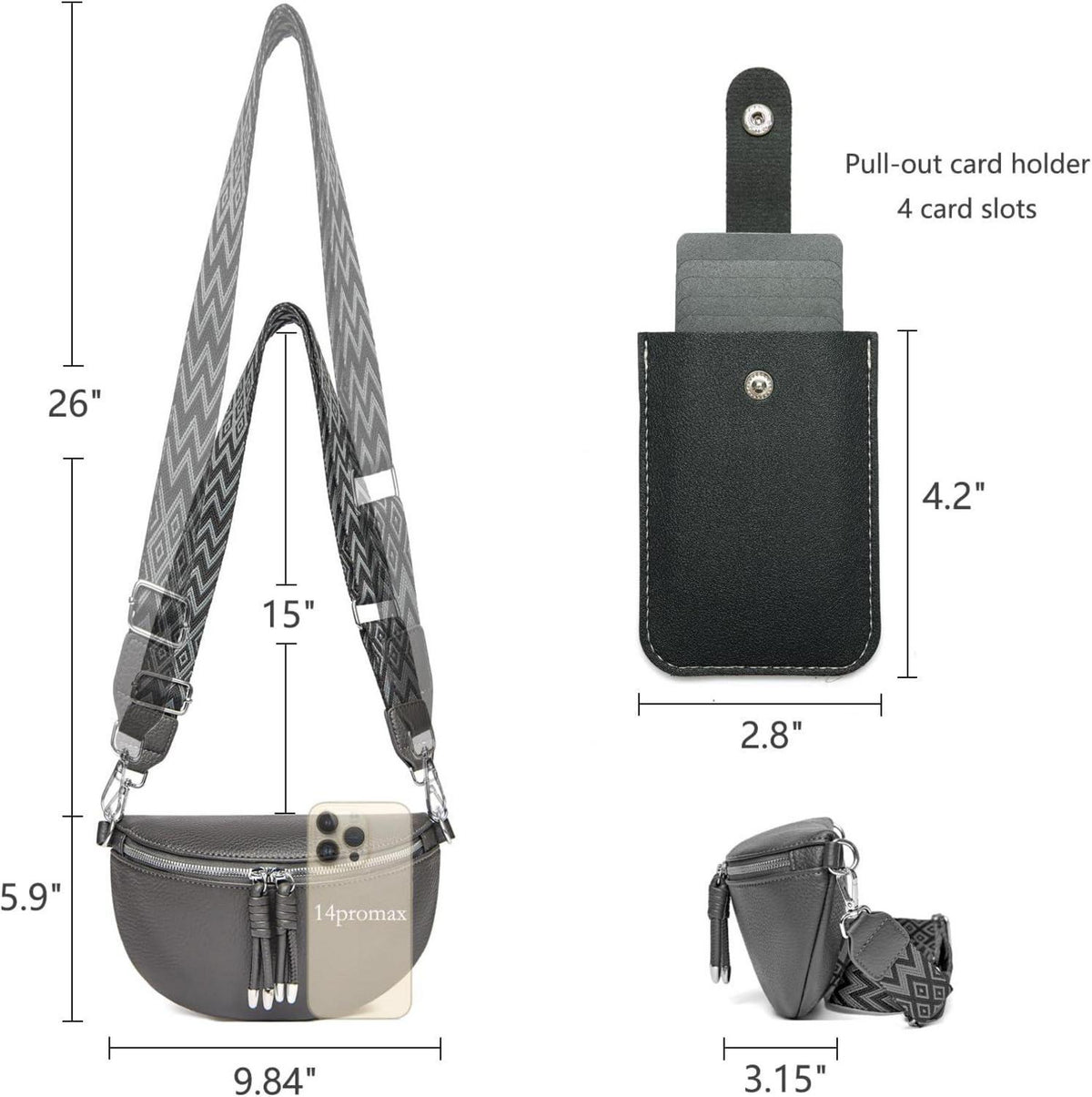 Umhängetasche Damen Crossbody Bag Leder Dunkelgrau mit