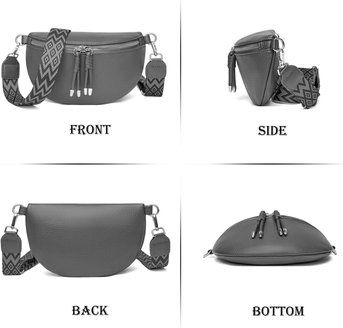 Damen Umhängetasche Bauchtasche Crossbody Bag Breiter Gurt Dunkelgrau