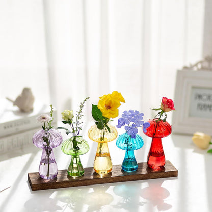 Glasseam Pilzförmige Glasvase Mini Vasen Set Hydrovase bunt 5er - Modern Tischdeko Holz Glas Blumenvase Propagation Station CouchtischDekoration