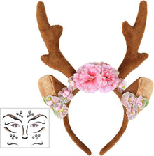 Reh Geweih Haarreif mit Blumen und Tattoo, Kostüm Damen Kinder