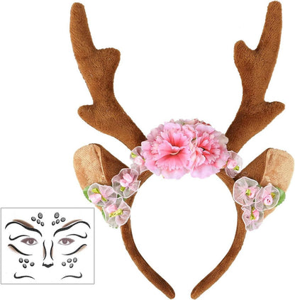 Reh Geweih Haarreif mit Blumen und Tattoo, Kostüm Damen Kinder
