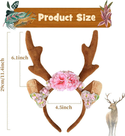 Reh Kostüm Damen Mädchen Haarreif Geweih Hörner Blumen Face