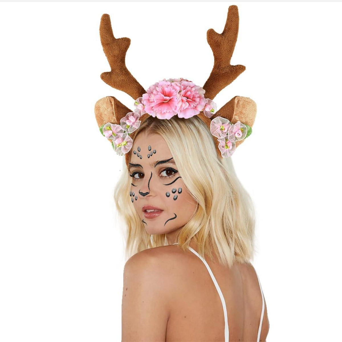 Reh Geweih Haarreif mit Blumen und Tattoo, Kostüm Damen Kinder