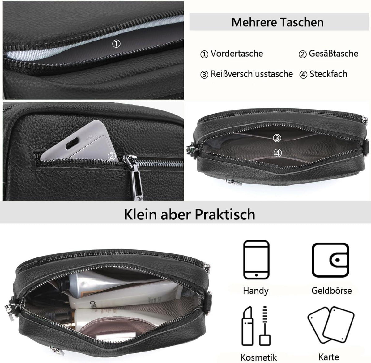Damen Umhängetasche Echtes Leder Crossbody Bag Breiter Schultergurt 3 Fächer