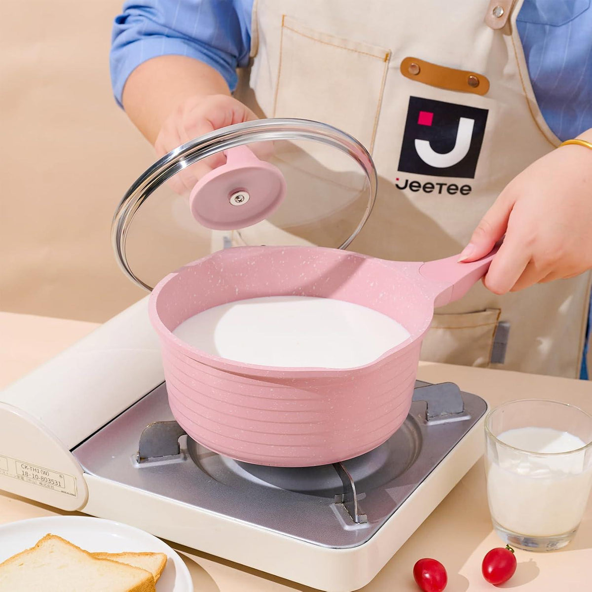 JEETEE Antihaft Granit Topfset 23-teilig Induktion Pfannen Kochtopf Pink