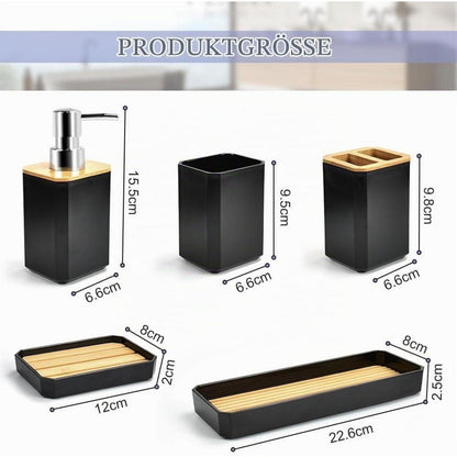 Badezimmer Set Bambus Schwarz – 5-tlg. Accessoires Set