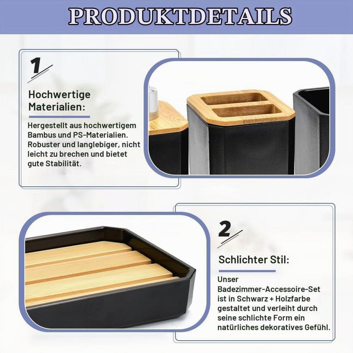 Badezimmer Set Bambus Schwarz – 5-tlg. Accessoires Set