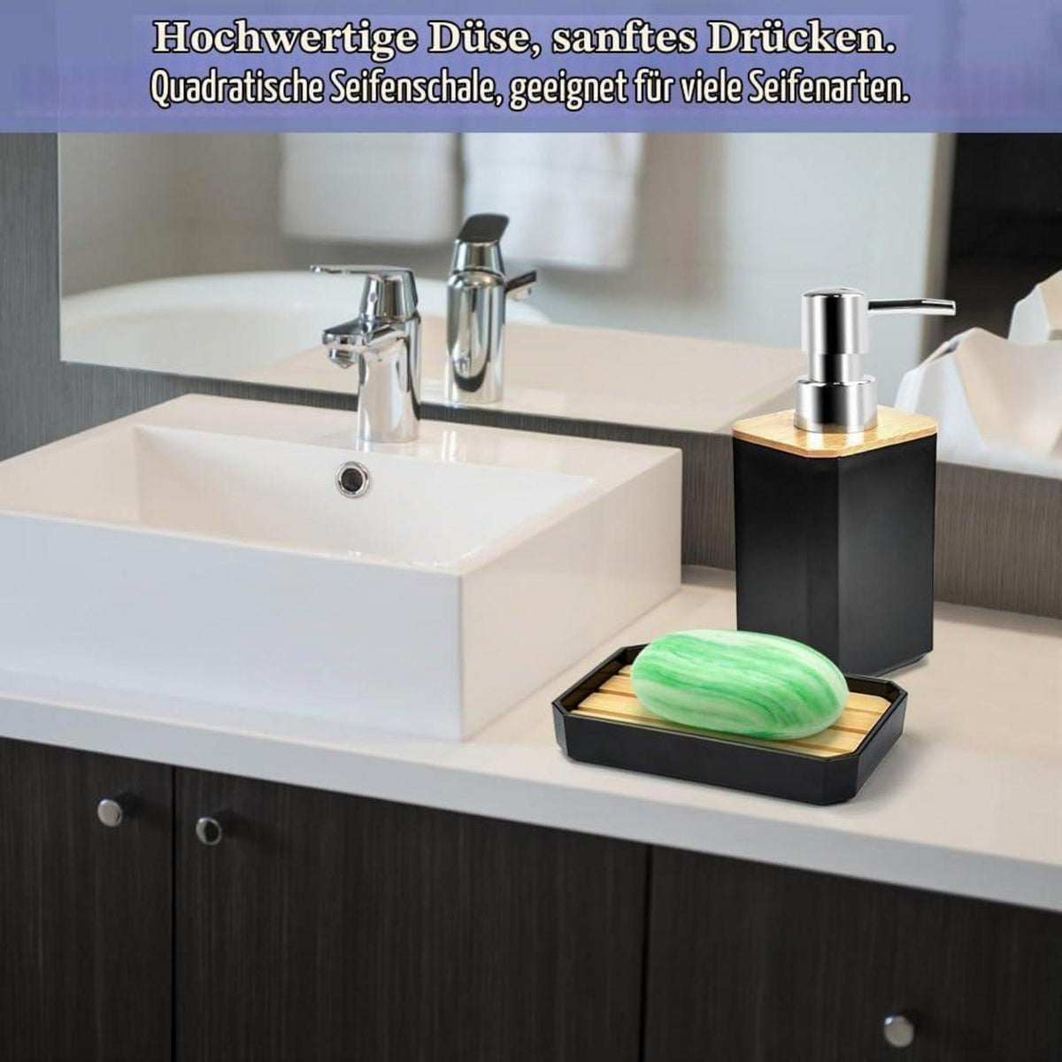 Badezimmer Set Bambus Schwarz – 5-tlg. Accessoires Set
