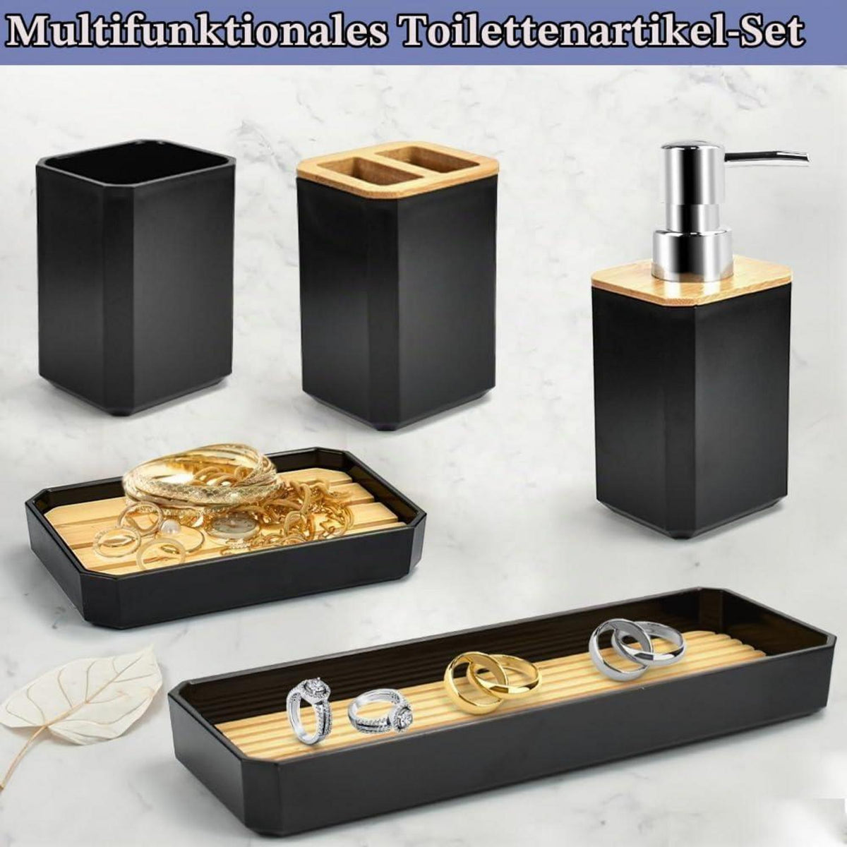 Badezimmer Set Bambus Schwarz – 5-tlg. Accessoires Set