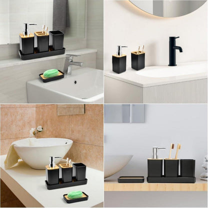 Badezimmer Set Bambus Schwarz – 5-tlg. Accessoires Set