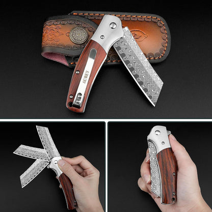 Damast Klappmesser – Outdoor Messer mit Holzgriff & Gürtelclip