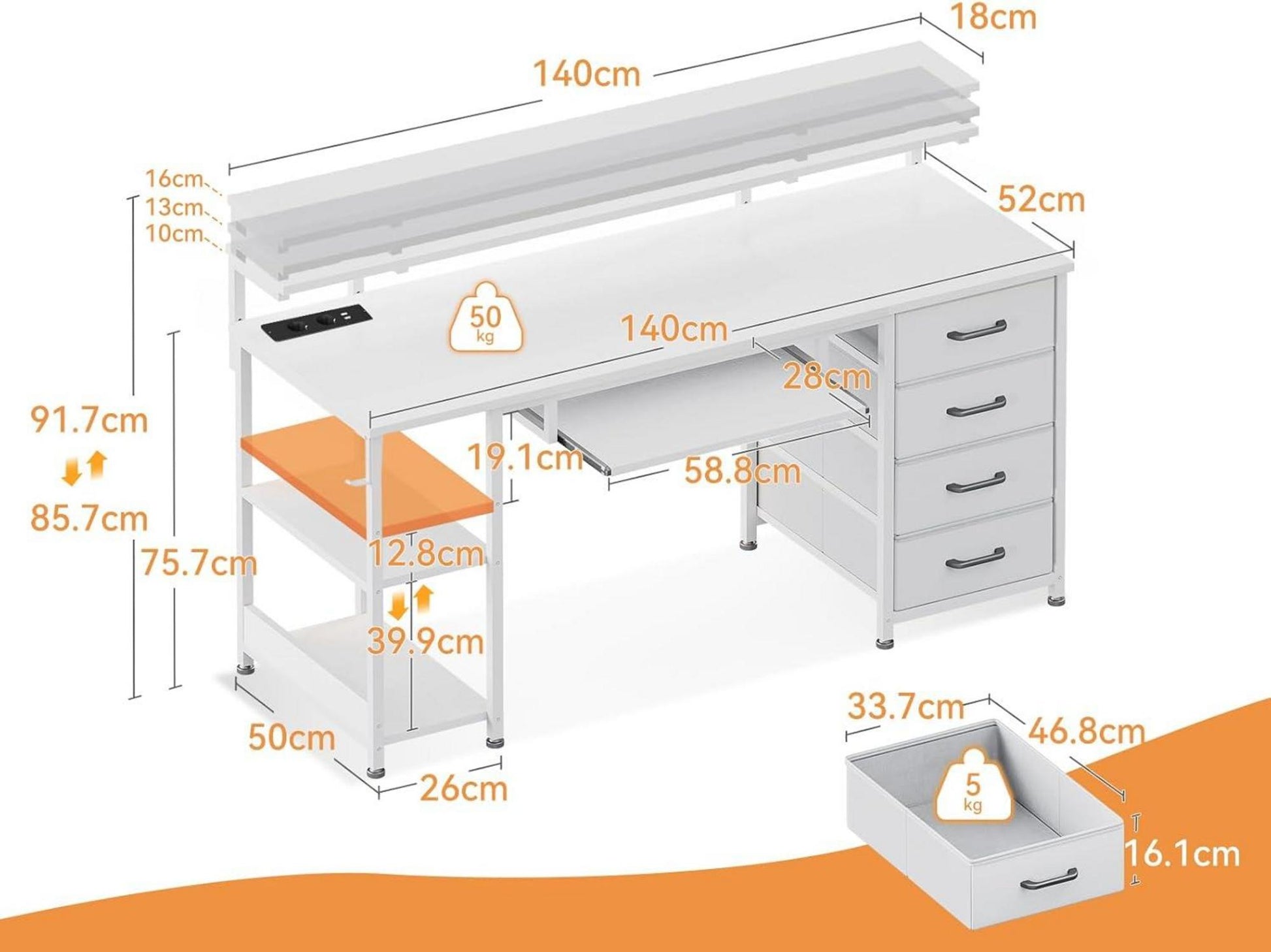 Schreibtisch mit 4 Schubladen, 2 Steckdosen, USB