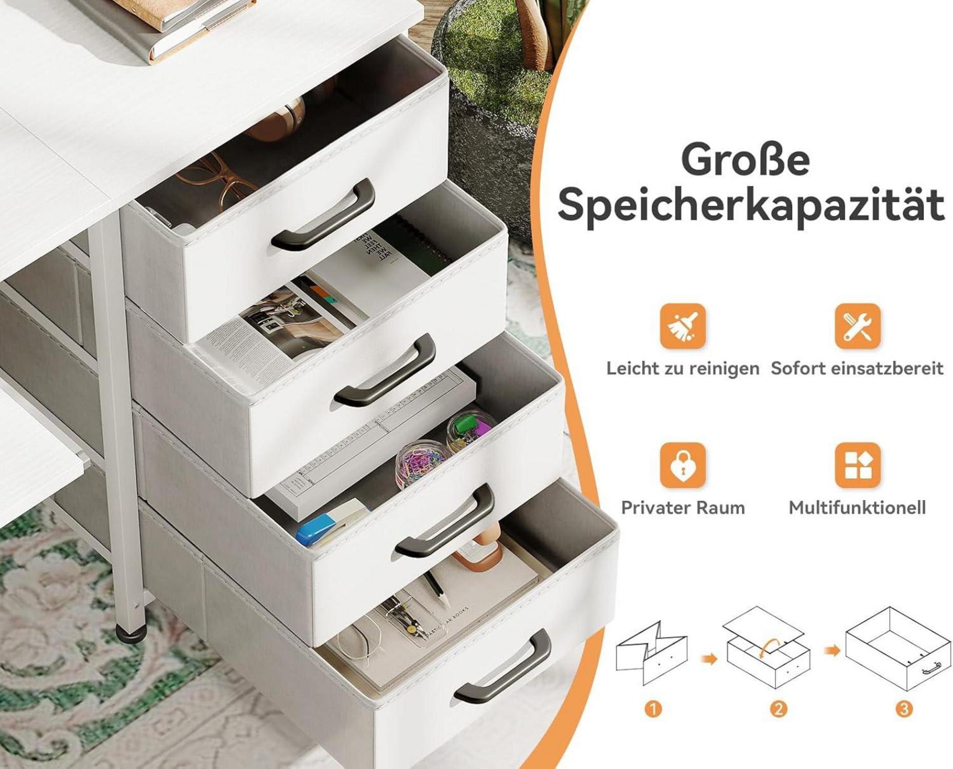 ODK Schreibtisch 140cm Weiß mit 4 Schubladen, 2 Steckdosen, 2 USB