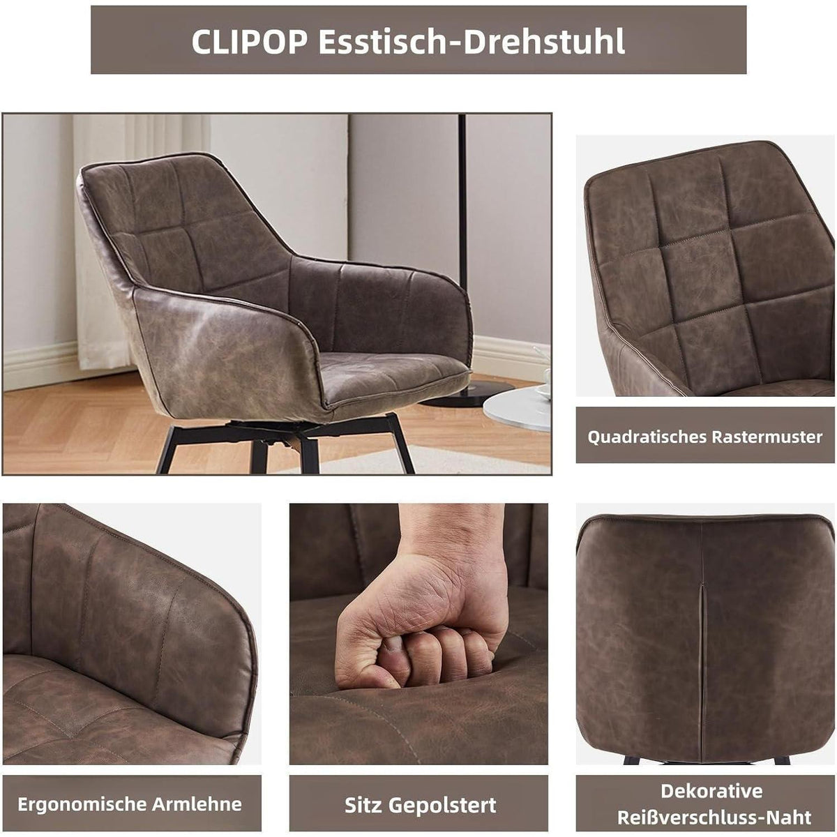 Drehbarer Esszimmerstuhl Set 4er – Braun, Armlehne in Lederoptik