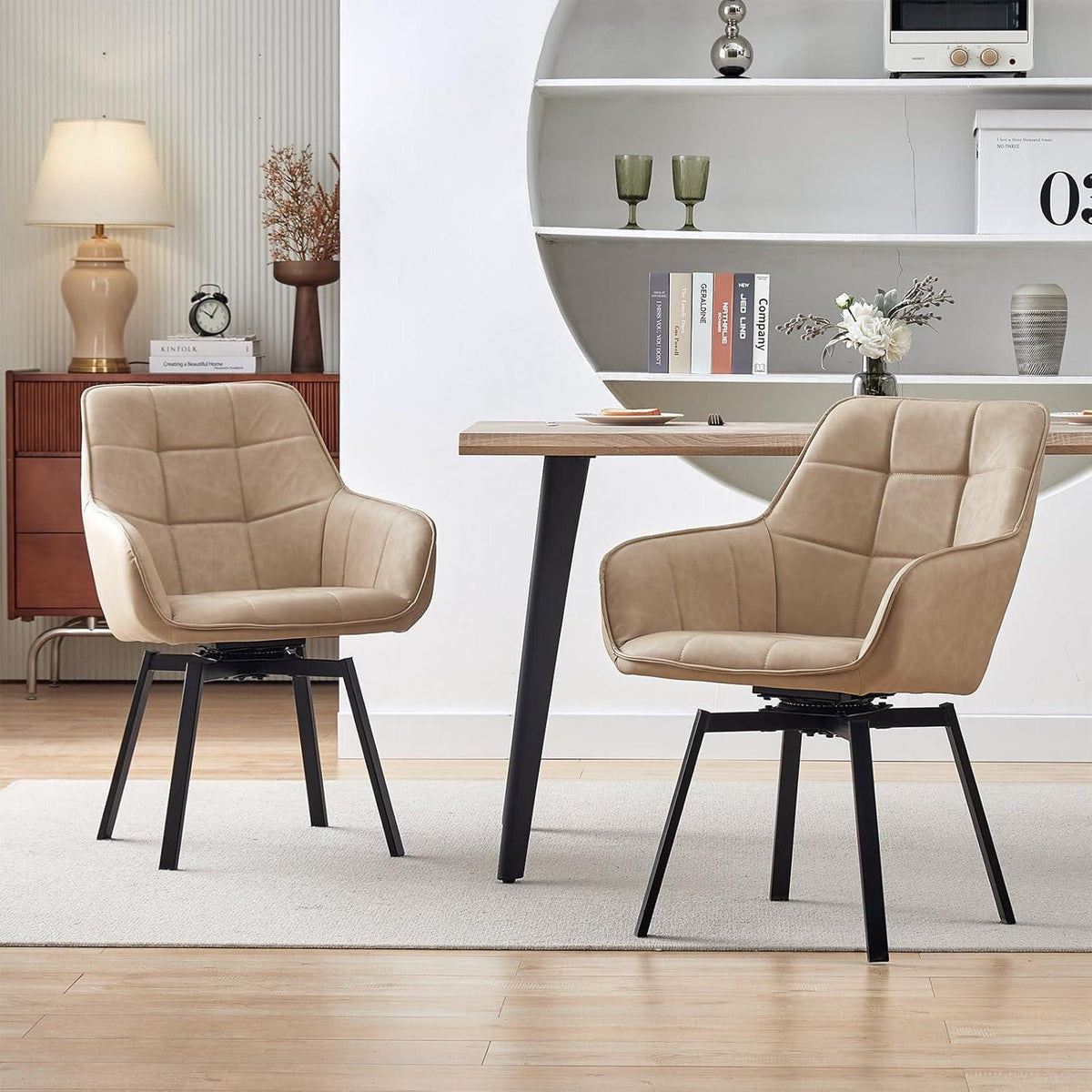 Drehbarer Esszimmerstuhl Set 6er – Beige in Lederoptik