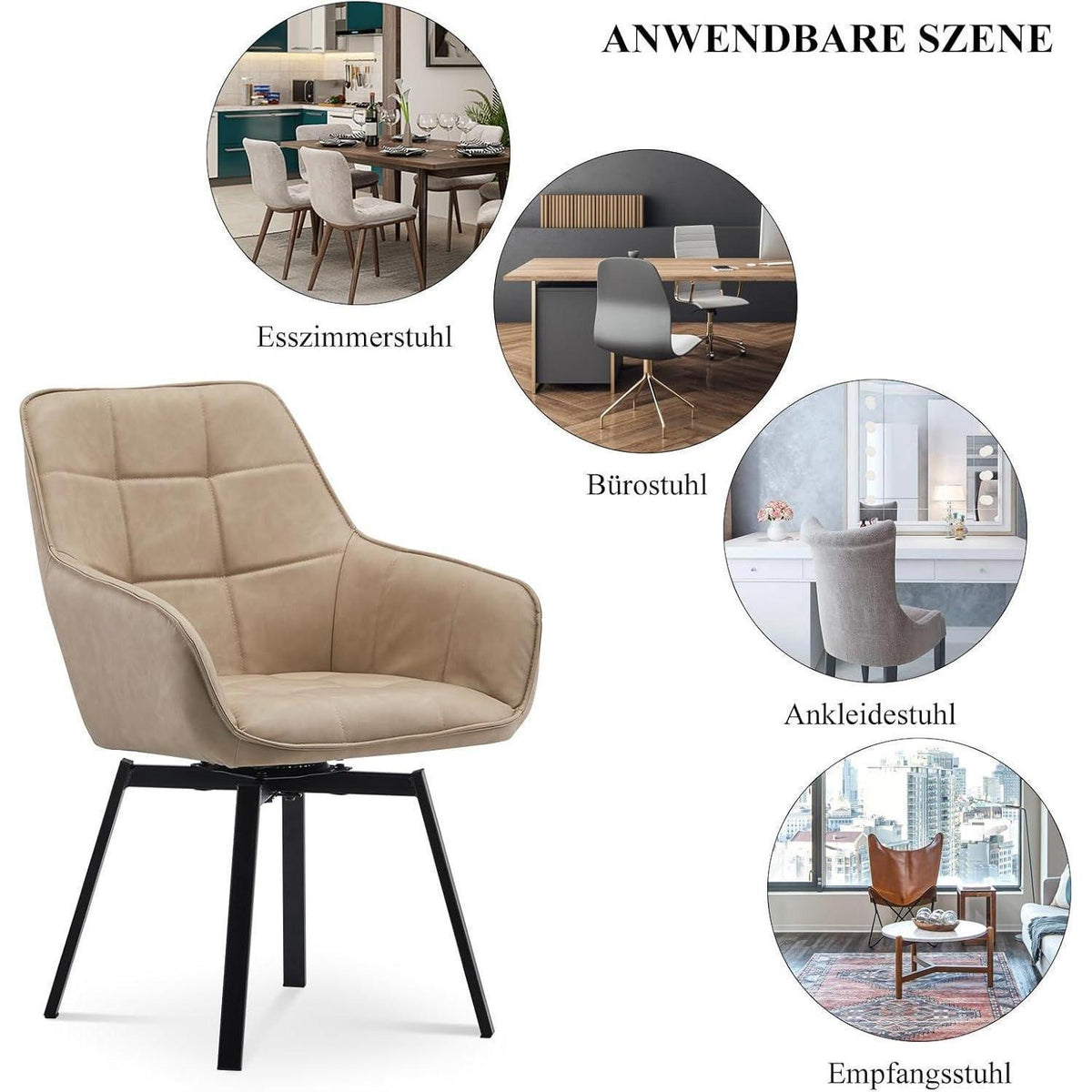 Drehbarer Esszimmerstuhl Set 6er – Beige in Lederoptik