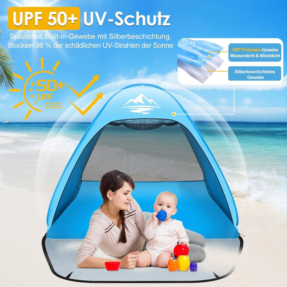 Strandmuschel Pop Up Zelt für 2-3 Personen UV50+ Schutz