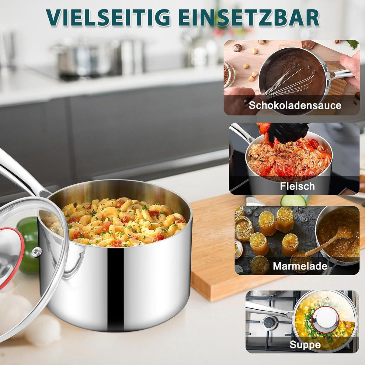 Stielkasserolle 16cm Premium 3-Lagen Edelstahl mit Deckel 1,8 Liter