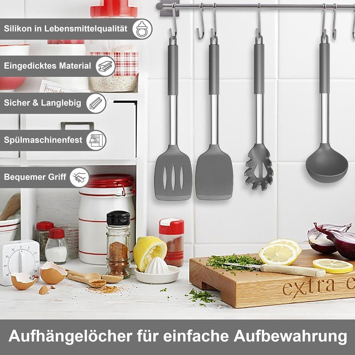 Küchenhelfer Set 7-teilig Silikon, Grau, Hitzebeständig, Antihaft