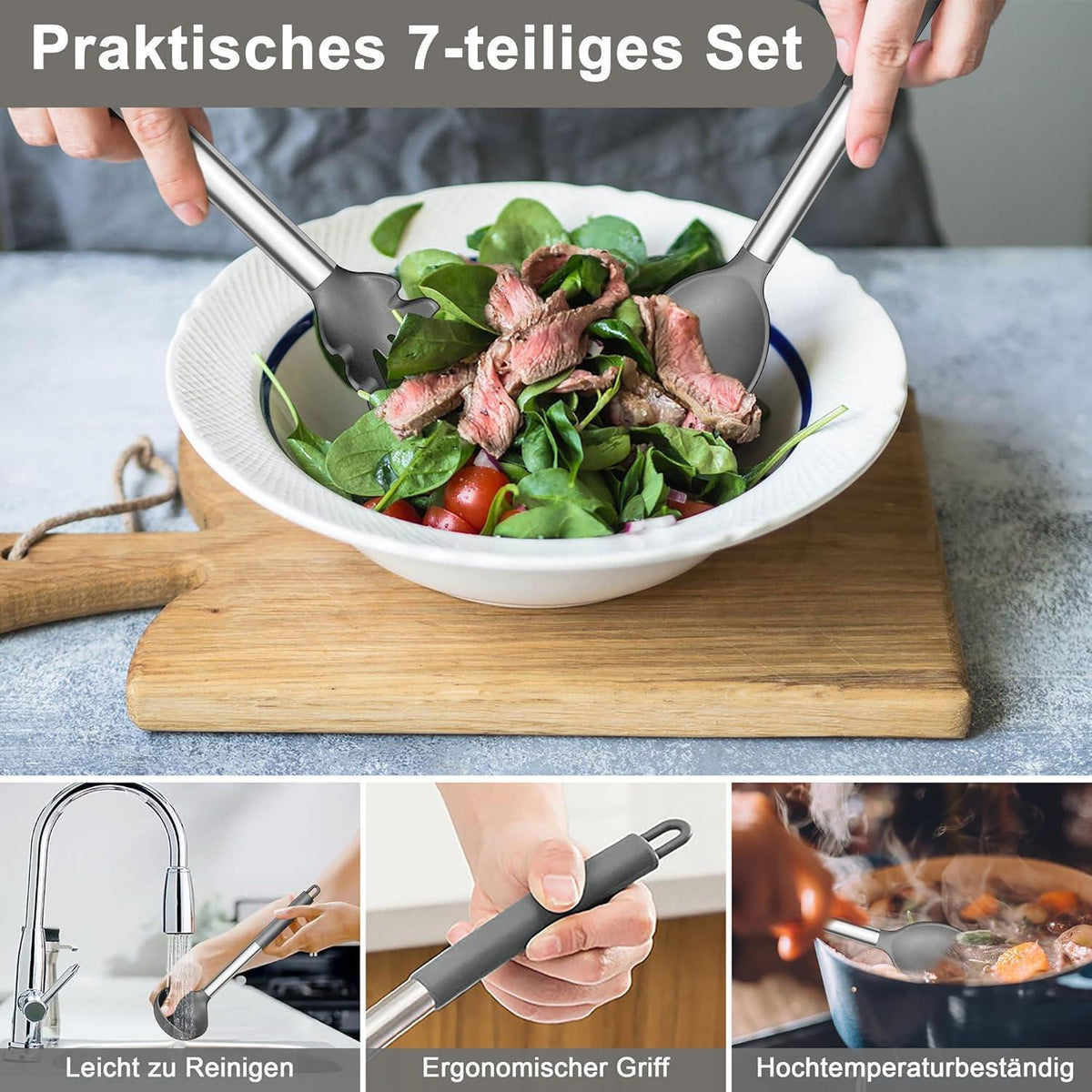 Küchenhelfer Set 7-teilig Silikon, Grau, Hitzebeständig, Antihaft