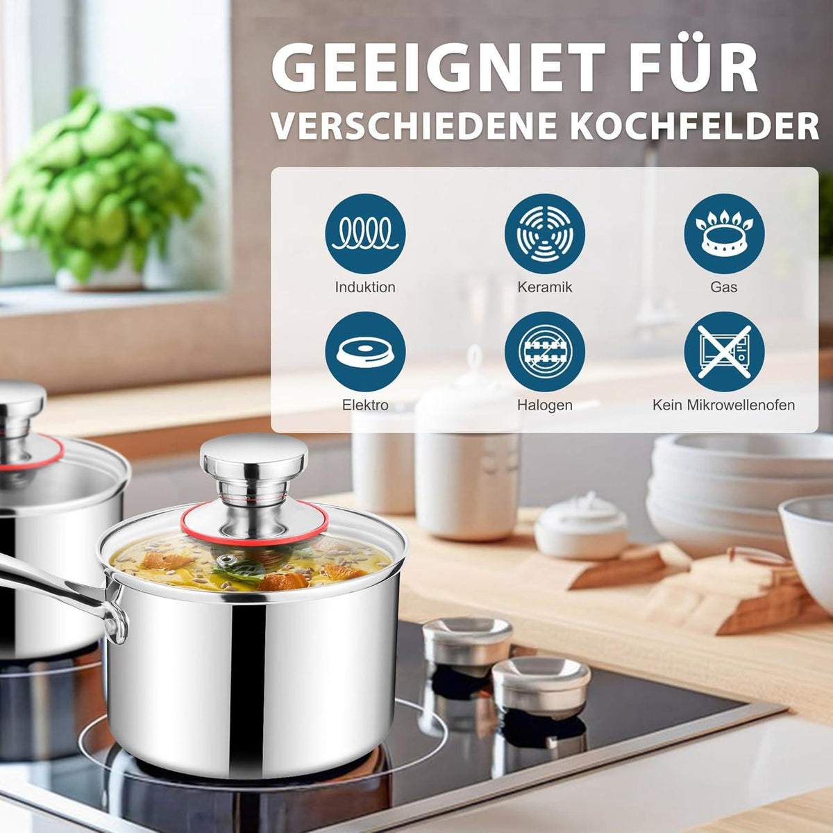 Joyfair Stielkasserolle 18cm Edelstahl Milchtopf Induktion 2,5L & Deckel
