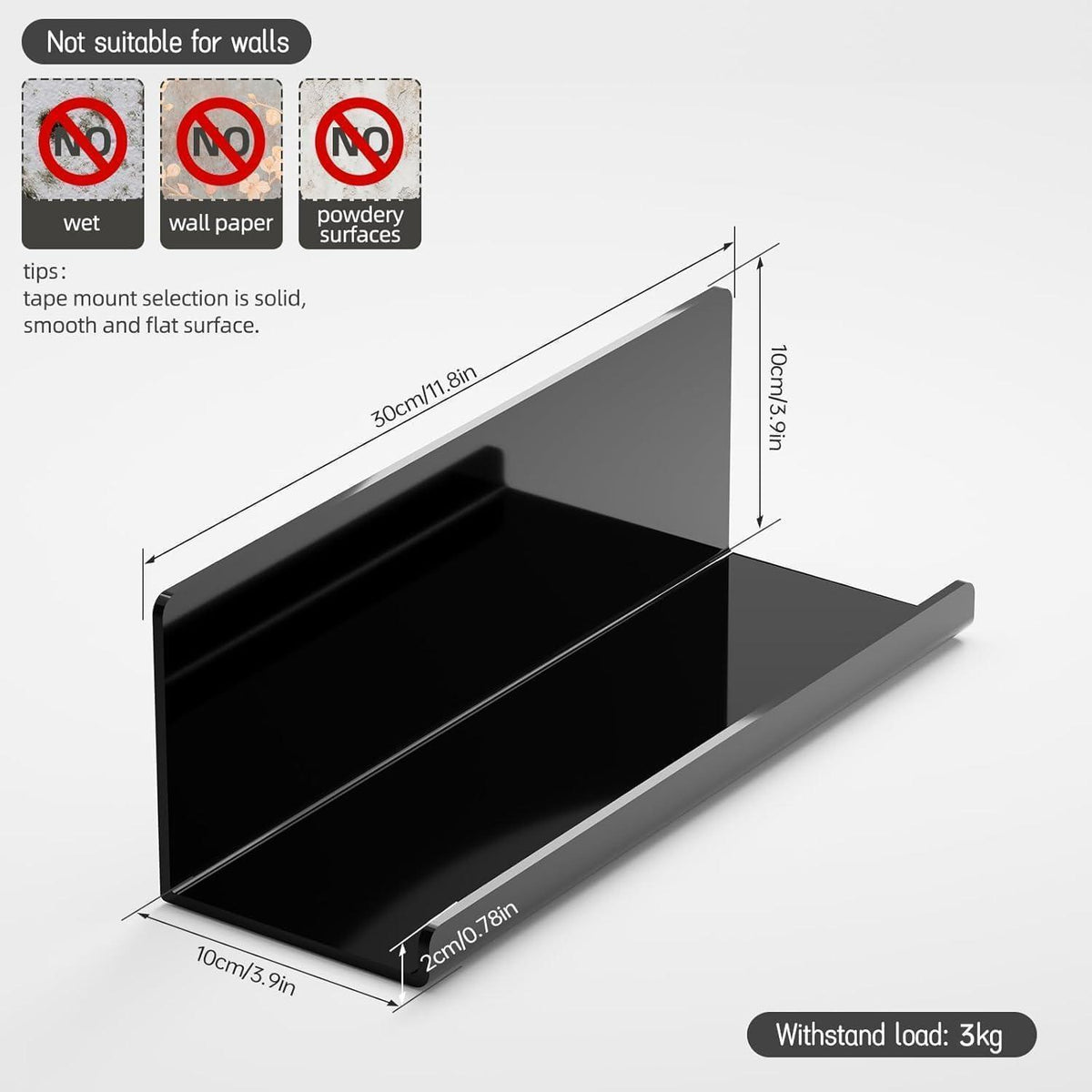 Acryl Wandregal zum Kleben, 2er Set, Schwarz 30cm