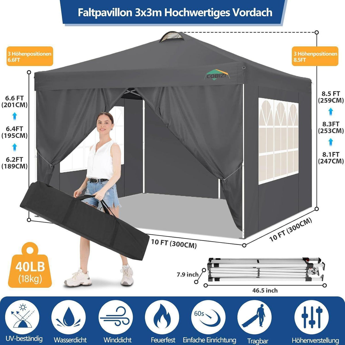 3x3m Faltpavillon wasserdicht & winterfest mit Seitenteilen