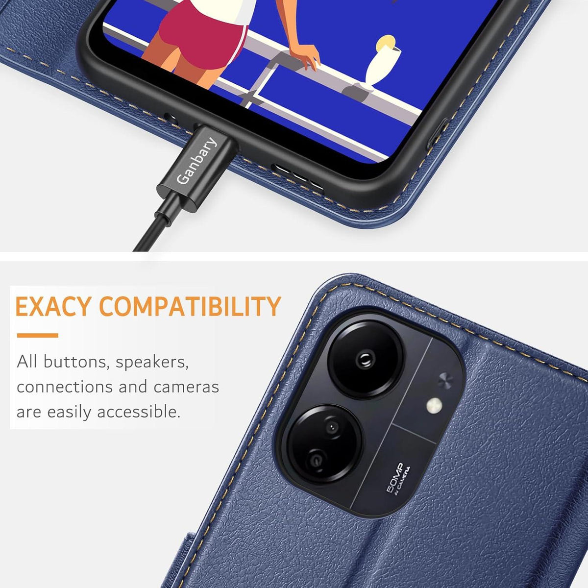 Handyhülle Xiaomi Redmi 13C Leder Klapphülle Blau Magnet Standfunktion