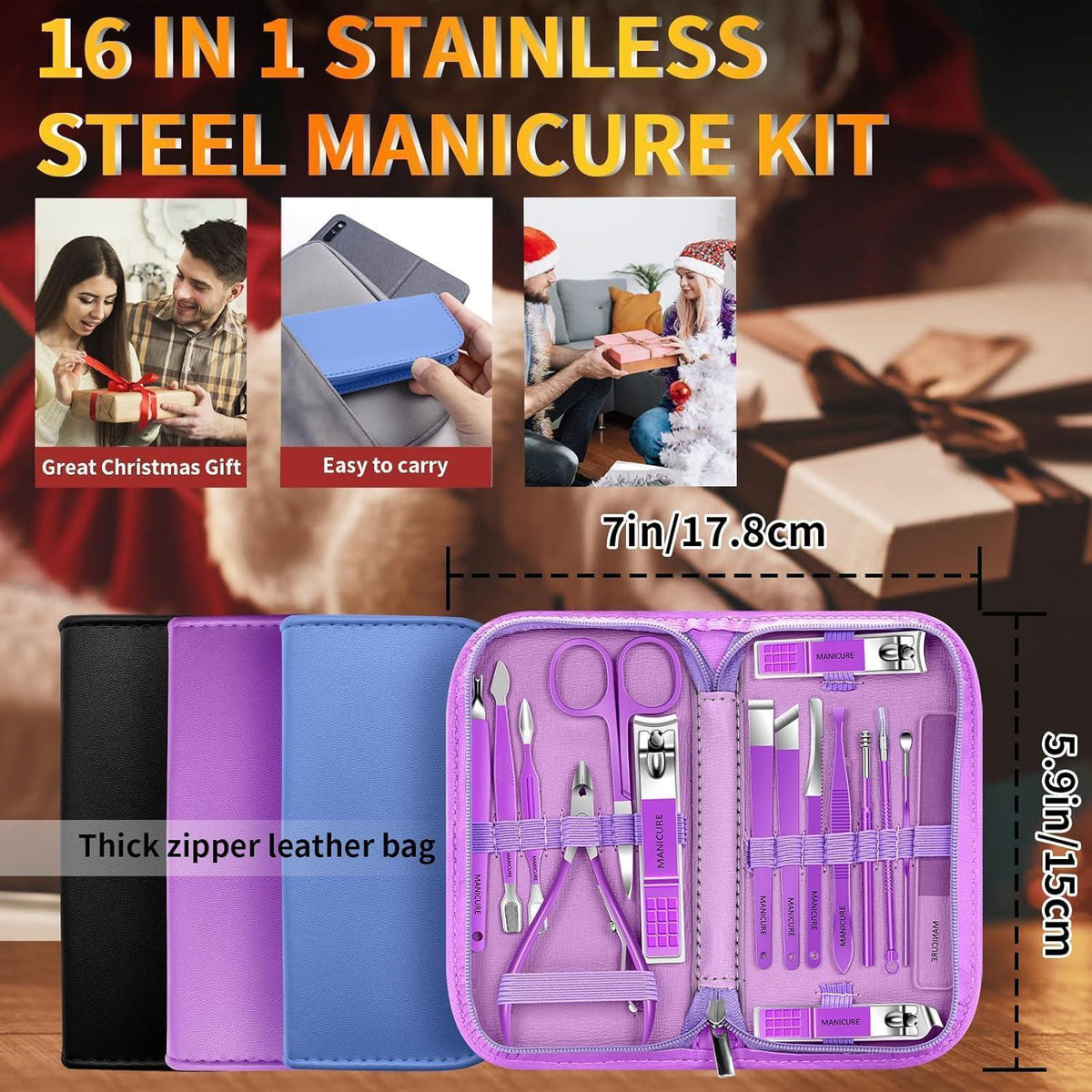 Maniküre-Pediküre-Set 16-teilig Edelstahl mit Etui Lila