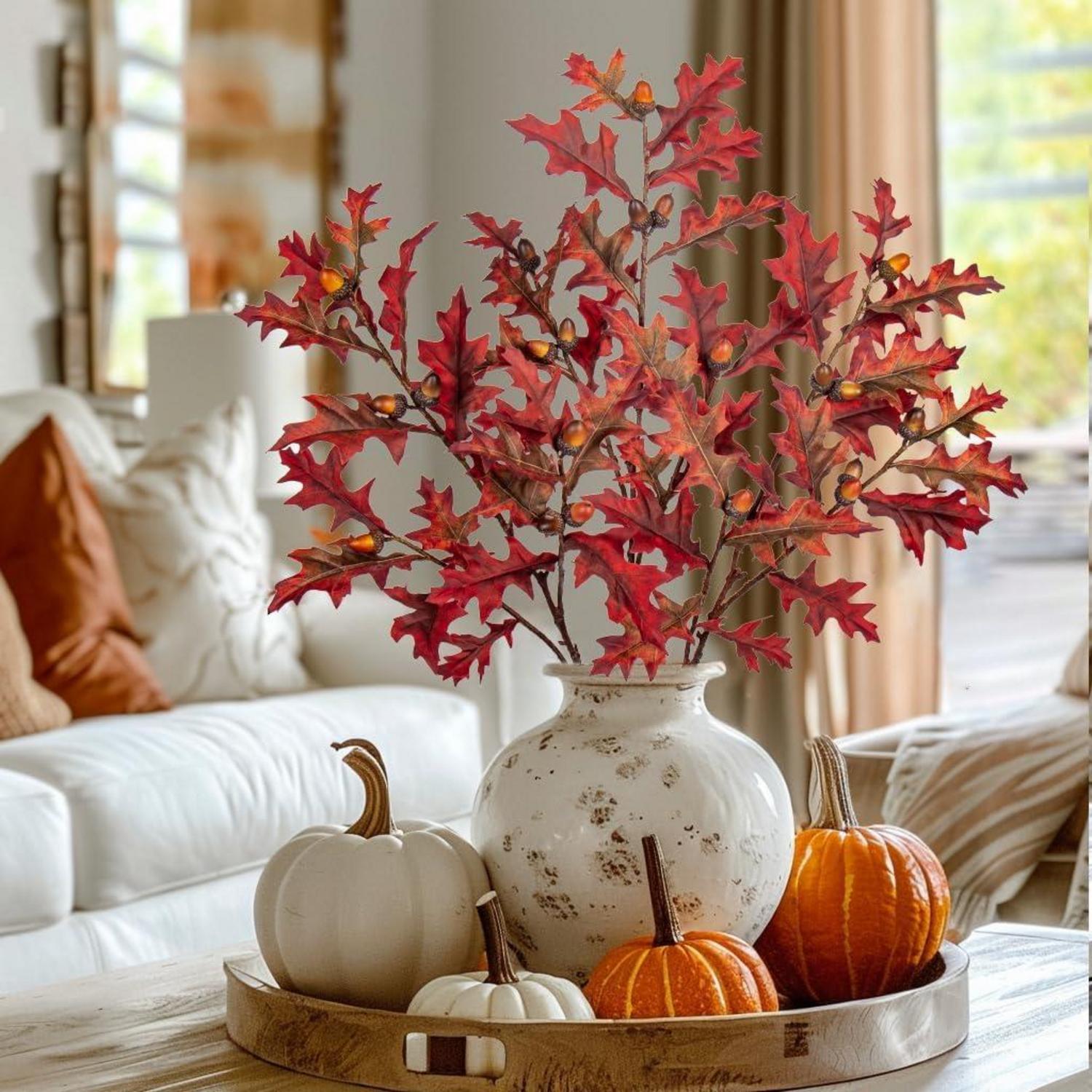 Künstliche Eichenblattstiele Herbst Deko 3er Set Eichelorange Burgundrot