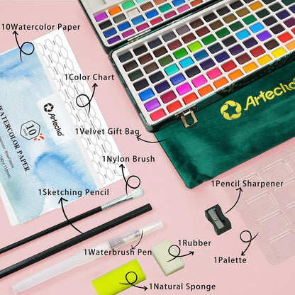 Aquarellfarben Set 128 Farben mit Zubehör, für Anfänger & Profis