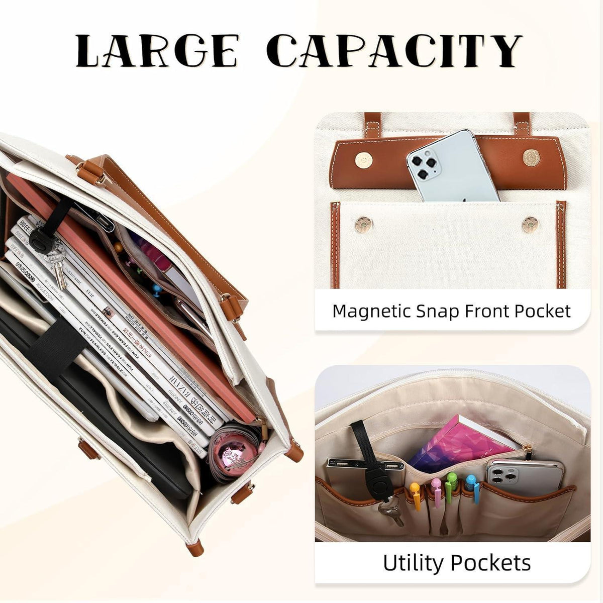 Große Canvas Laptoptasche 15,6 Zoll Damen Arbeitstasche Braun