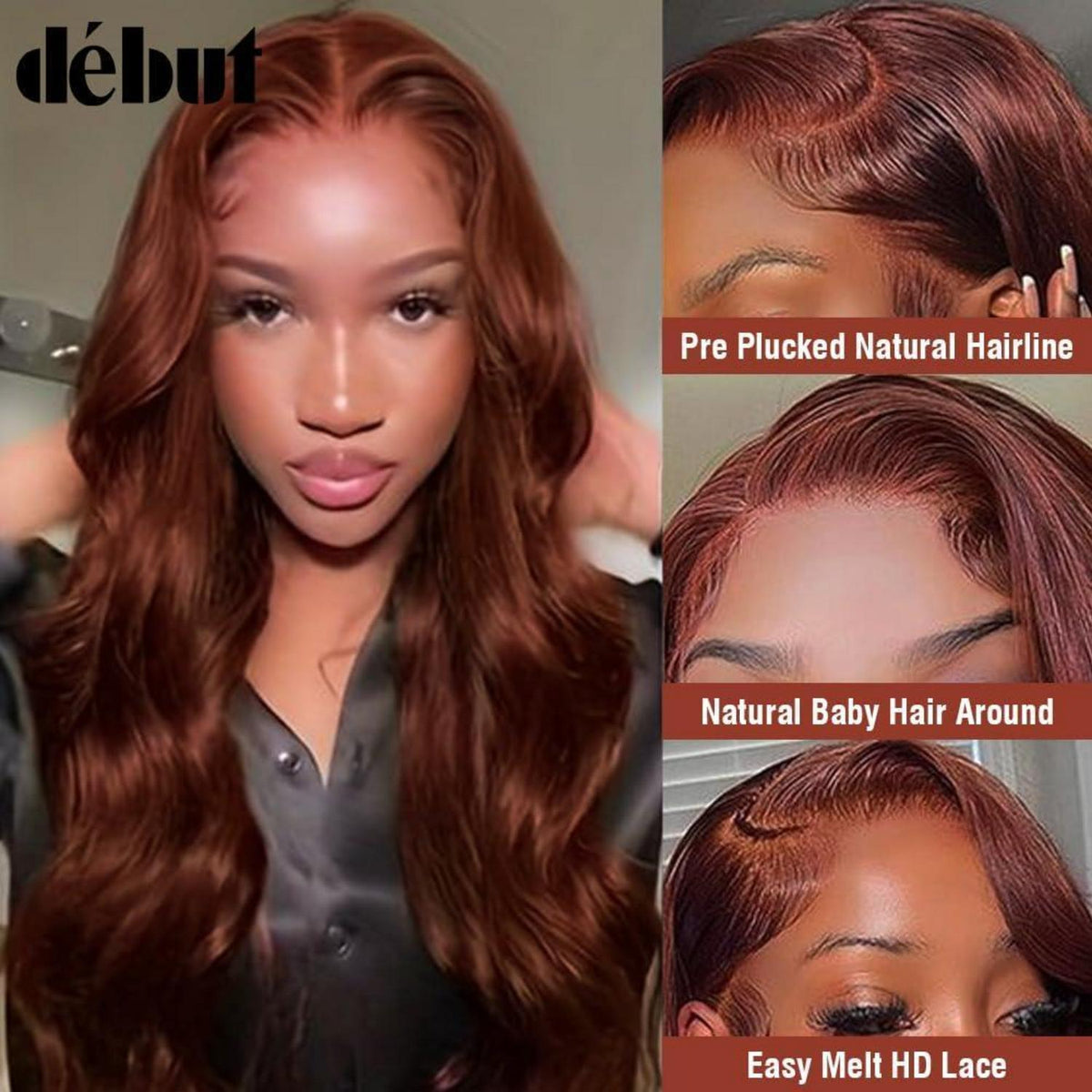 Rötlichbraune Body Wave Lace Front Perücke Echthaar 45cm