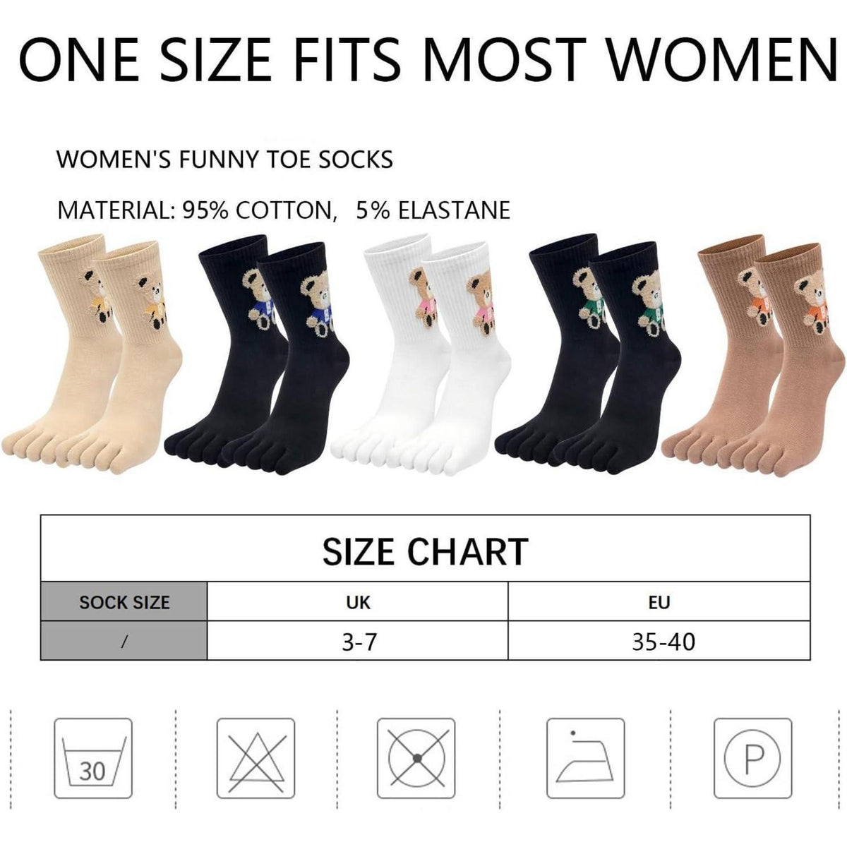 Damen Zehensocken Baumwolle Tier Cartoon – 5er Pack (35-40)