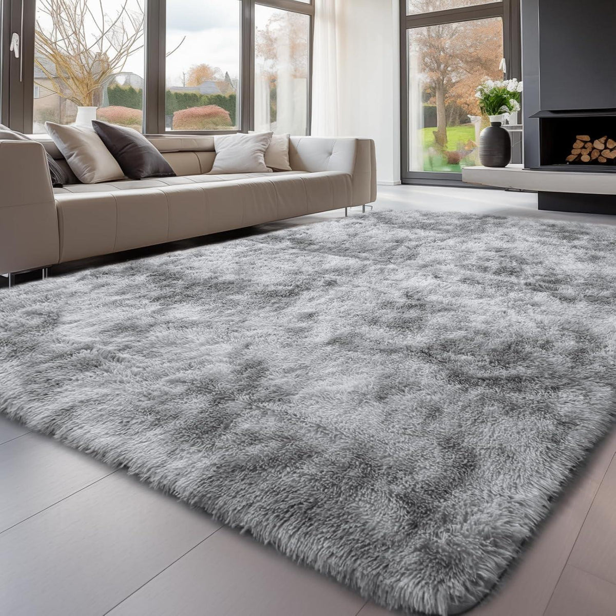Hochflor Teppich Grau 200x300 – Flauschiger Wohnzimmerteppich Waschbar