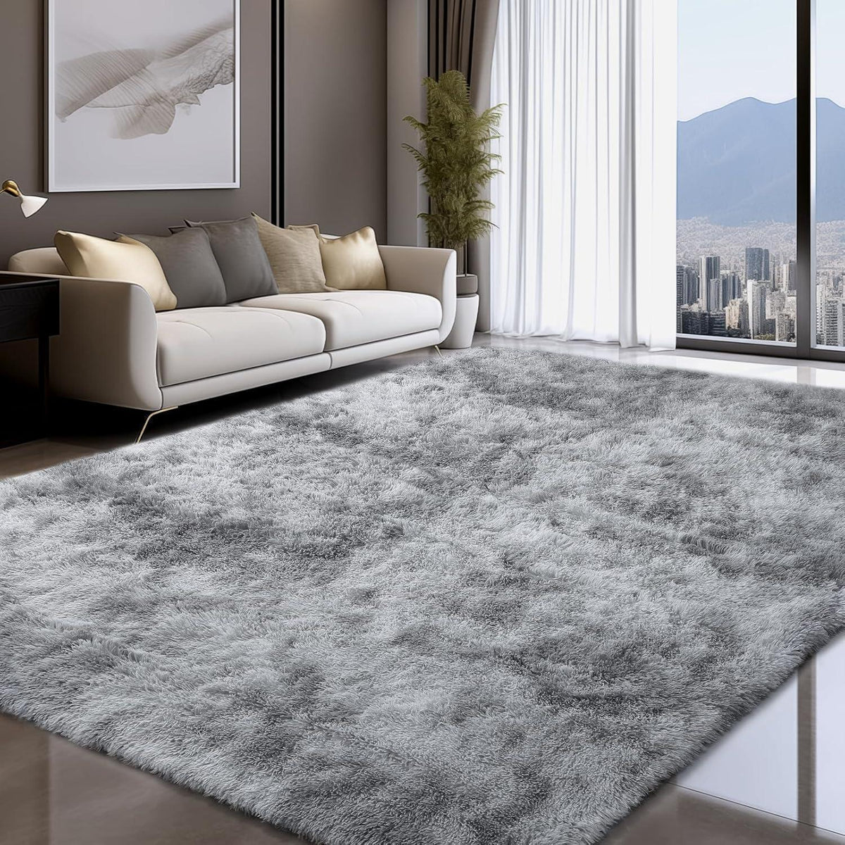 Hochflor Teppich Grau 200x300 – Flauschiger Wohnzimmerteppich Waschbar