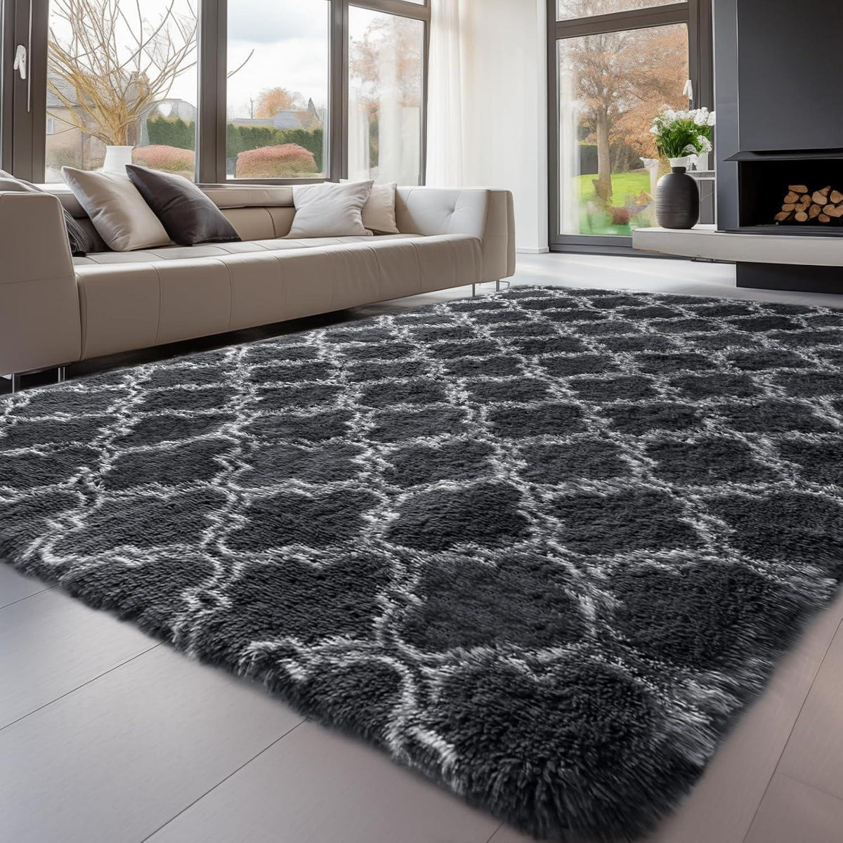 Hochflor Teppich Grau 240x300 – Flauschiger Wohnzimmerteppich Anti-Rutsch