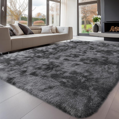 Grauer Hochflor Teppich 240x340 – Flauschiger Wohnzimmerteppich Waschbar