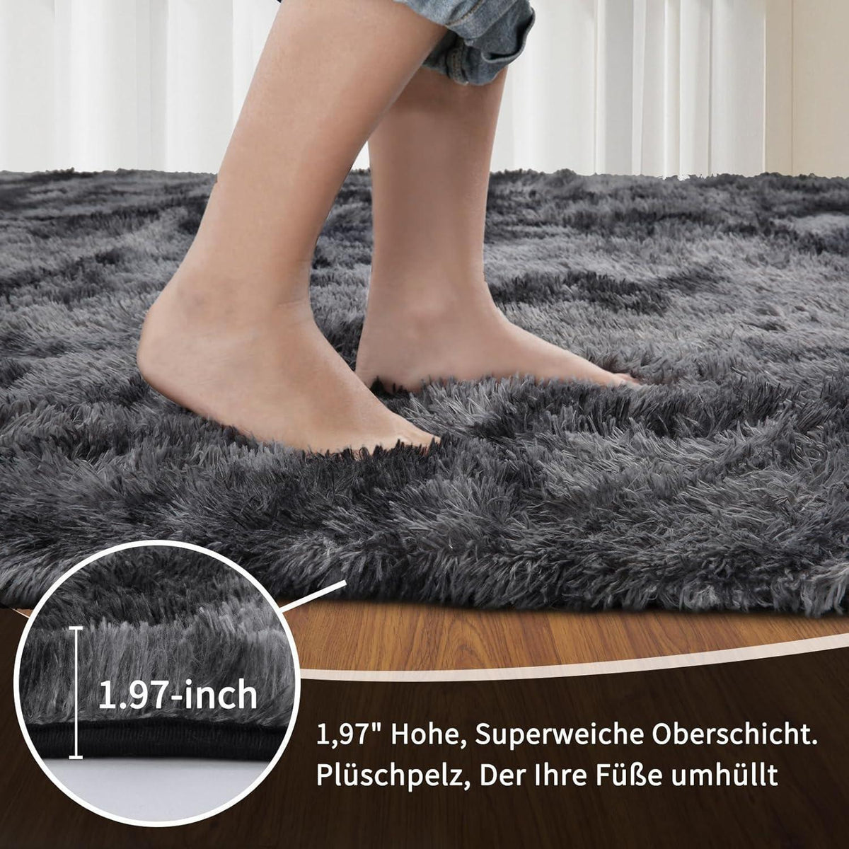 Grauer Hochflor Teppich 240x340 – Flauschiger Wohnzimmerteppich Waschbar