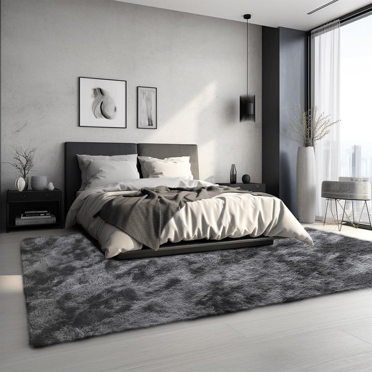 Grauer Hochflor Teppich 240x340 – Flauschiger Wohnzimmerteppich Waschbar