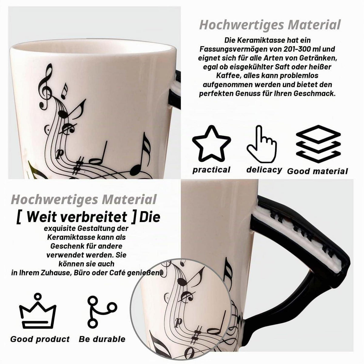 Keramiktasse Klaviergriff mit Musiknoten – 250ml Geschenkbecher