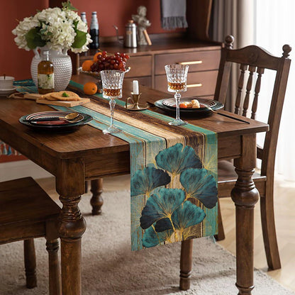 Tischläufer Grün 33x183cm Leinenoptik Landhausstil Blätter Ginkgo
