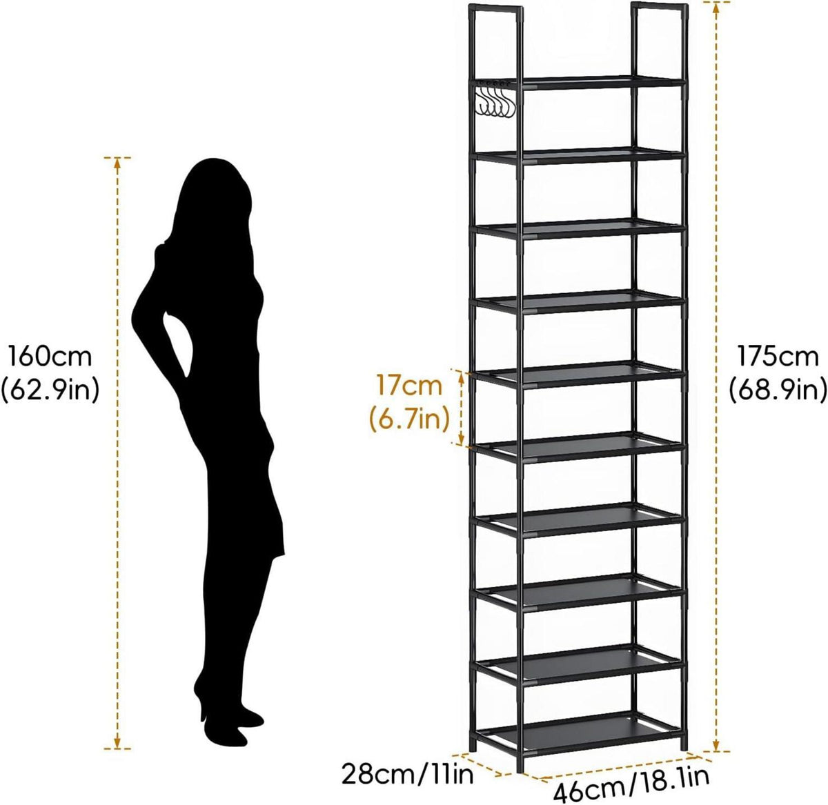 10-Ebenen Schuhregal für 20-25 Paar Schuhe schmal hoch Schwarz