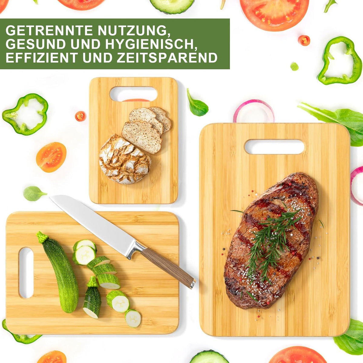EXABANG Bambus Schneidebrett Set 3er Holz Küchenbretter